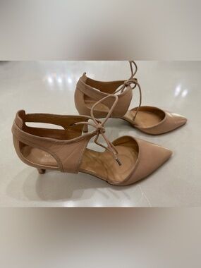 Franco Sarto L-Darlis Nude Leather Lace-Up Ankle Pointed Toe Kitten Heels, 10M